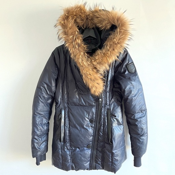 RUDSAK ATELIER NOIR SANDRA JACKET NAVY BLUE BLACK LEATHER REAL FUR HOOD XS - Picture 1 of 16